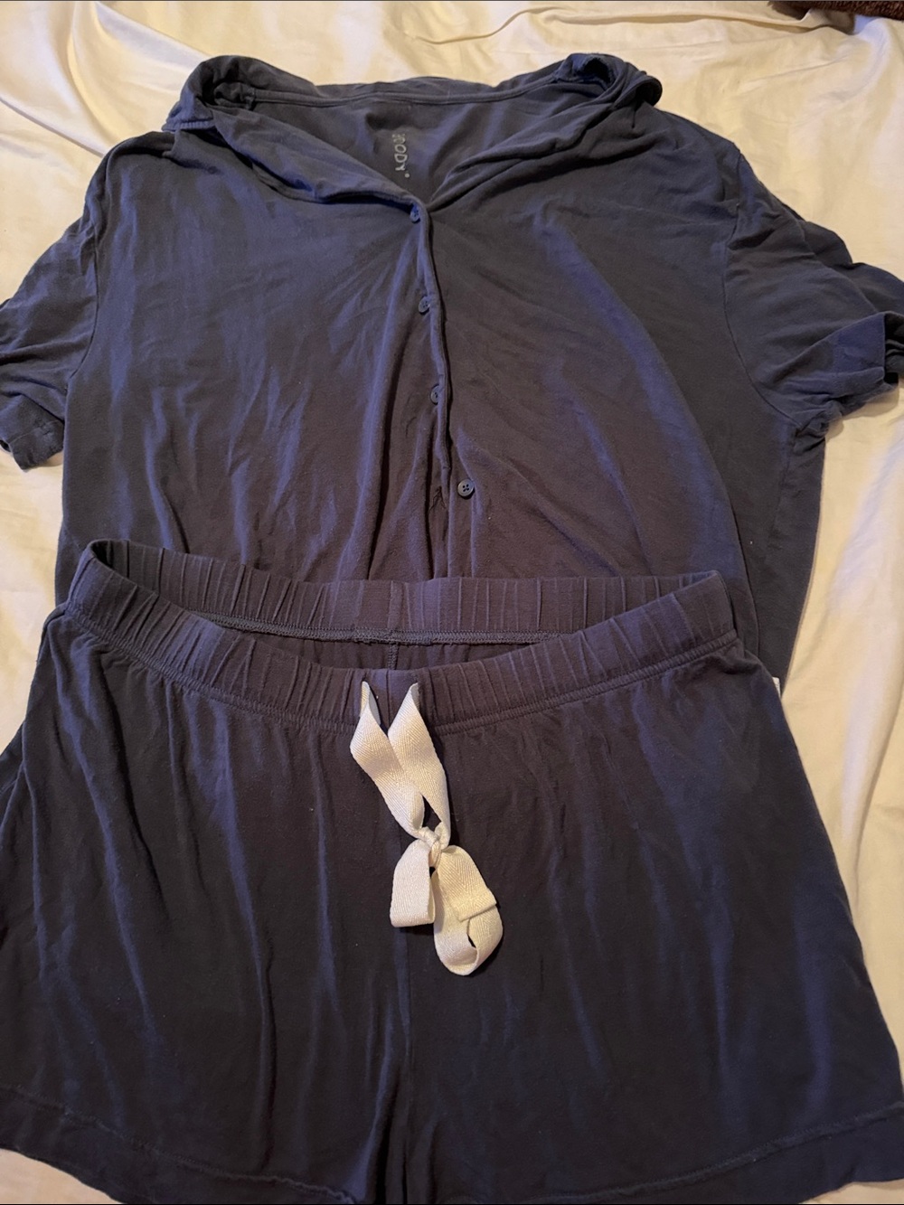BOODY Women's Short Sleeve Button shirt & Drawstring Shorts Pajama Set - Navy